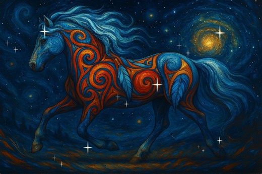 🌠 Horse of the Star-Winds 🌠 Under a blanket of endless night, Where constellations hum their songs, The Star-Wind Horse runs freely— A spirit woven from ancient dawns. His coat is carved with swirling fire, Marks of tribes who came before; Each spiral holds a heartbeat, Each line a long-remembered lore. He gallops through the dreaming sky, Hooves touching worlds unseen; A bridge between the Earth below And realms where ancestors convene. The elders say he carries prayers Across the dark, unbro