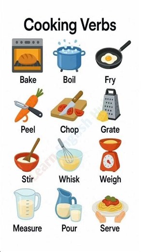 Cooking Verbs in English | Learn 12 Common Kitchen Action Words with Examples | English Vocabulary