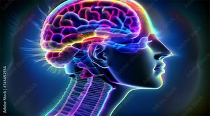 Digital illustration of human brain anatomy with a side profile view, highlighting neural pathways and brain activity.