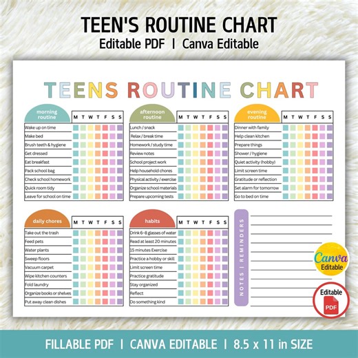 Editable Teens Routine Chart, Teens Chore Chart, Daily Checklist for Teens, Teens Daily Schedule, Teens Responsibility Chart, Canva,pdf - Etsy