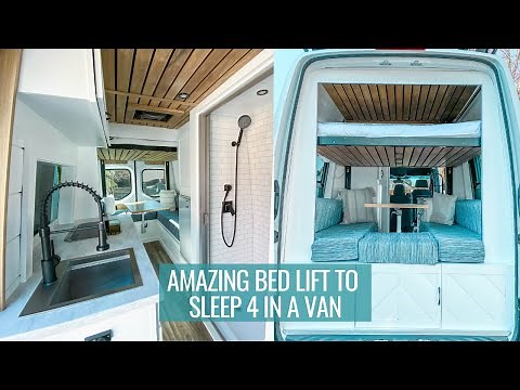 FAMILY VAN TOUR: amazing bed lift that sleeps 4 with a full bathroom | SPRINTER VAN CONVERSION