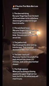 These 5 touches make men lose control not because they’re sexual… but because they make him feel wanted, seen, and chosen in a way most women never do. Want him to crave your touch? Want his body reacting before you even speak? Start with these 5… then take it deeper. If you want the exact moves, scripts, and feminine energy techniques that make a man addicted to you: 🔥 Get The Juicy Female Manual 🔥 Join the 7-Day Seduction Challenge (link in bio) #bedroomoracle #feminineenergy #intimacycoach 