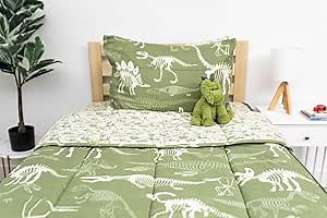 Beddy's Dinosaurs T-rex Theme Boys Durable Zipper Bedding for Kids, Bed in a Bag, Green Sheets and Comforter with Dino Fossils, Includes Pillowcase and Pillow Sham, Easy to Make and Wash