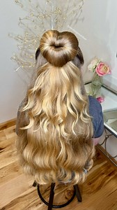 Day 17 of heart hairstyles! We did a simple heart bun! We took a donut, 🍩 and used rubber bands to form it into a heart! ❤️ We looped the sides around the bun for a little extra detail. **there are mini bun makers available too for the younger girls! 🍩bun makers linked in my Amazon store front in bio. | Paisley’s Petals