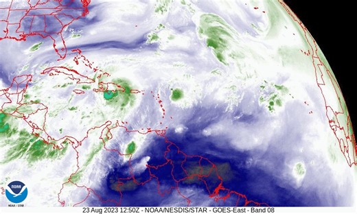 1:30 PM AST Aug 23: Satellite-derived upper-level water vapor imagery indicating a persistent layer of upper-level clouds, associated with Tropical Storm Franklin, spreading across Puerto Rico and the U.S. Virgin Islands, maintaining variable to mostly cloudy skies. | Imágenes de vapor de agua en niveles superiores obtenidas por satélite que indican una capa persistente de nubes en niveles superiores, asociadas con la Tormenta Tropical Franklin, que se extienden sobre Puerto Rico y las Islas Vír