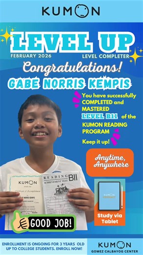 Congratulations, Gabe Norris Kempis!🎉 You are moving up to Level C1 of the Kumon Reading Program. You did it! We are very proud of you!👏 🤗 | Kumon Gomez Calbayog Center