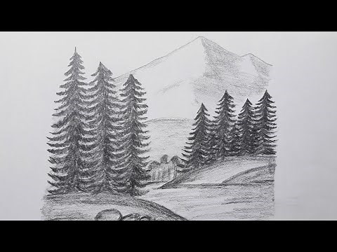 River and Fir Trees Drawing - How to draw Coniferous forests - Evergreen Trees Drawing - Landscapes