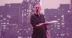 Metaverse cyberspace character artificial intelligence augment reality realistic Mime or clown juggling pins in the background of the modern city skyline at night.