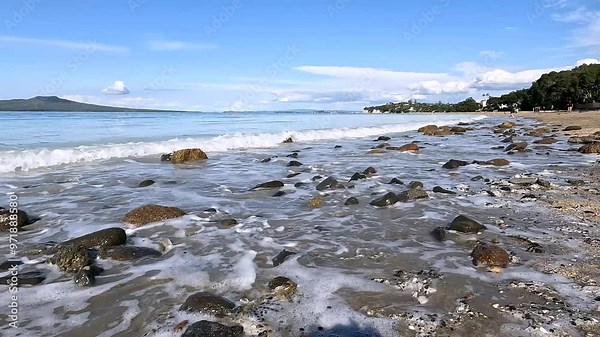Scenic Summer Views of Takapuna Beach and Rangitoto Island: A Coastal Seascape of Auckland's North Shore, New Zealand