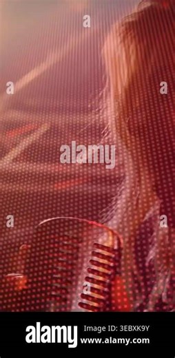 Vertical video: Cue pushing woman singer turning singing on mic for music fans with LED mesh moving. Vocalist, stage, vintage, microphone, red, haze, vertical video Stock Video Footage - Alamy
