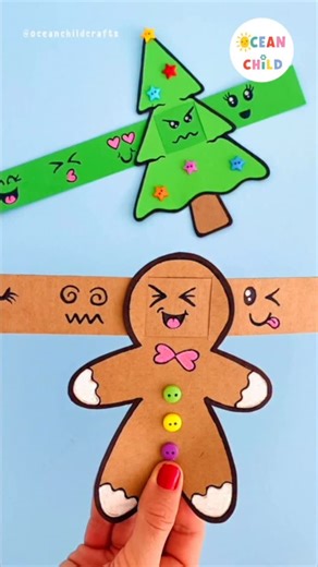 Ocean Child Crafts on Instagram: "Gingerbread fun for the holidays! 🍪✨ I’m so excited to share this easy (and super cute) gingerbread man craft with you. Kids can change their puppet’s expression (happy, silly, or surprised) with a quick slide of the paper strip, and it’s honestly adorable every single time. 😄💛 This craft is always a favorite at home and in the classroom. It’s simple, hands-on, and such a sweet way for kids to get creative while exploring emotions through art.😊 There’s a fre