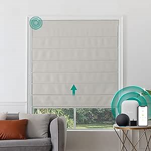 Smart Motorized Blinds with Solar Panel Woven Fabric Cordless Blackout Roman Shades for Windows Remote Control Electric Automatic Blinds Compatible with Alexa Google, Light Beige, 36"W×72"H