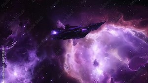 A deep-space alien battleship travels across a galactic starfield
