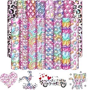 3D inflated Pastel Patterned HTV Vinyl - 16 Sheets 12"x10" Rainbow Heat Transfer Vinyl Heart/Stars/Mermaid/Cats Iron on Vinyl for T-Shirts HTV