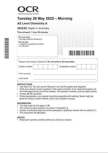 JUNE 2025 OCR AS Level Chemistry A PAPER 1 and 2 QUESTION PAPERS AND MARK SCHEMES