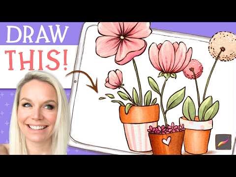 How to Draw 3 Cute Potted Flowers in Procreate - Beginner Tutorial