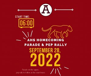 Don't forget this Wednesday - AHS Homecoming Parade will begin at 6 p.m. and go through the square. Be prepared for light traffic disruptions. Square parking to be inaccessible from 6-6:30pm. Traffic will still be able to flow down Pickens and Washington/Trinity. Expect slight delays on Washington St. from 6-6:15 p.m. | City of Abbeville