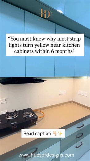 Tanvi Sachdeva on Instagram: "Most people blame the LED quality. But the real reason strip lights turn yellow near kitchen cabinets is due to✨👇 — 1. Wrong IP Rating (Not Waterproof) Standard LED strips (IP20) are not protected against heat, steam, or oil. Kitchen zones release constant heat, grease particles, and moisture, especially near the hob and sink. These particles break down the outer coating, causing yellowing, cracks, and dust adhesion✨ 2. No Heat Management Installed without aluminum