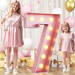 HILAVO Number 7 Light Up Number 4FT, Large Light Up Pink 7 Marquee Mosaic Decorations for Party, Big 4 Feet Tall DIY Frame Pre-Cut Foam Board Kit for Birthday Anniversary