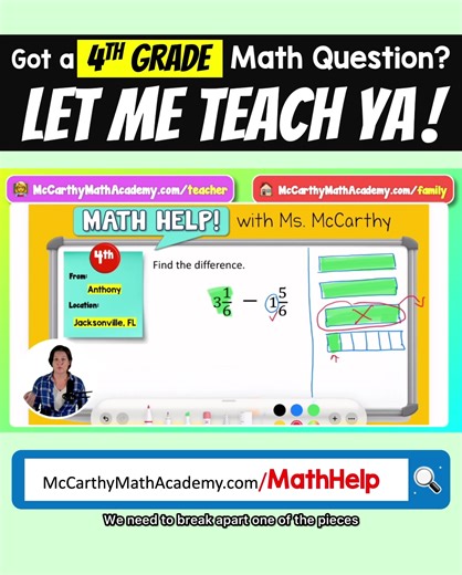 Subtracting mixed numbers looks easy—until regrouping shows up. 🎥 Full breakdown growing Math Help playlist (Grades 3–5): 👉 McCarthyMathAcademy.com/mathhelp #MathHelpWithMsMcCarthy #4thGradeMath #MixedNumbers #SubtractingMixedNumbers #FractionMath