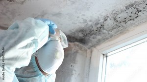 Mold remediation expert. Inspection and mold damage assessment. Mold inspection, mold testing. A full protective suit Stock Video