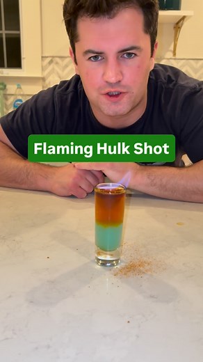 Ryan on Instagram: "The Flaming Hulk Shot! Cheers Bro! Recipe: Hypnotiq Hennessy Float 151 Rum #reels #hulk #shots"