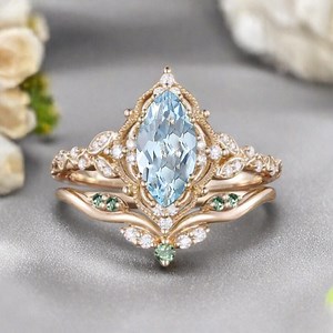 Vintage Aquamarine Engagement Ring Set Women Rose Gold Marquise Cut Cluster Ring Green Gemstone Wedding Bridal Ring Set Anniversary Gift - Etsy