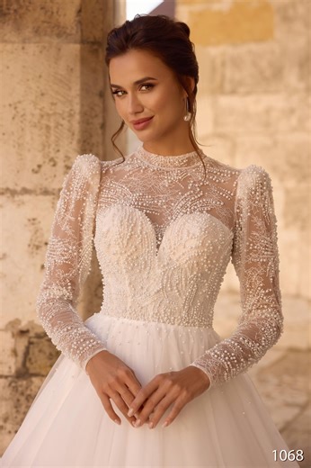 A-line Wedding Dress With Beaded Lace Bodice, Bardot Illusion Neckline and Long Sleeves Custom Size Bridal Gown - Etsy
