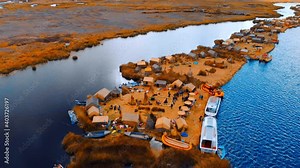 Highest lake, Lake Titicaca, Flying over Titicaca, DJI 4k video of floating islands on lake, Floating islands of Peru, Floating islands of Puno, Floating islands of grass, Lake Titicaca, Puno Lake
