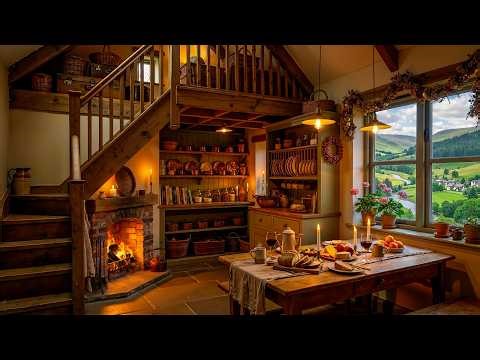 Cozy Farmhouse Kitchen Ambience & Crackling Fireplace 🔥 Soft Jazz Background Music for Relaxation
