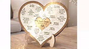 4th for Him or Her – Wooden Heart Puzzle with Card, Four Year Anniversary Keepsake for Boyfriend Girlfriend, Meaningful Valentine or Couple Gift