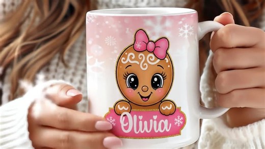 Personalized Gingerbread Man Mug, Christmas Girl Gift, Custom Kids Name Xmas Coffee Mug, Pink Winter Design. - Etsy