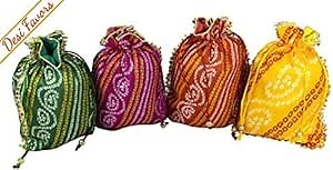 Desi Favors Bandhini Potli Bags - Assorted Potlis/Batwa/Drawstring Pouches/Silk Party Favour/Favor Bags for Weddings/Housewarming/Christmas/Birthdays Pooja Return Gifts - 9.44x7.08 Inch (Pack of 4)