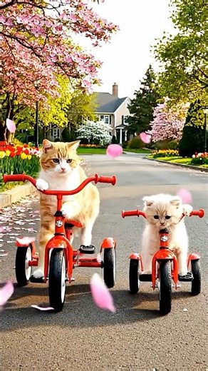 Mother Cat & Kitten's Spring Bicycle Ride 🌸 Cute Cats Eating Ice Cream & Playing in Flower Park