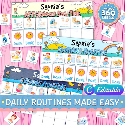 Editable Daily Routine Chart for Kids | Morning Afternoon Evening Schedule | Printable With 360 Labels - Etsy UK