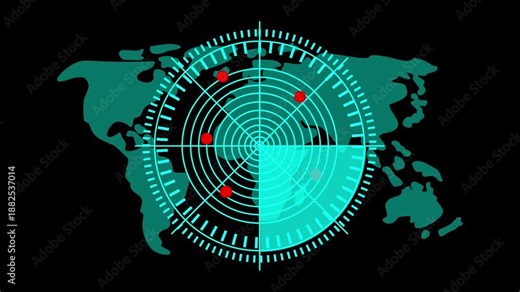Sonar radar scanning ideal for presentations, marketing materials, and educational resources. Includes a detailed world map with radar screen showcasing target locations.