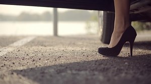 Businesswoman Slim Sexy Legs In High Heels Shoes Get Out Luxury Car.Indуpendend Elegant Woman Open Door Leaving Automobile SUV.Woman In High Heels Getting Out Of Car.Elegant Lady Legs In Heels In Auto