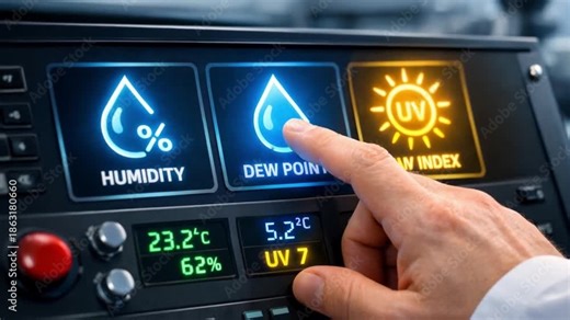Science meteorology analysis concept. Touchscreen weather control panel with humidity and UV readings.