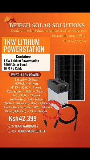 196 reactions · 33 comments | Ksh 42,399 ☀️ 1KW Lithium Power Station  ✅ 300W Solar Panel | 1KW Lithium Battery | 10M Cable ⚡ Powers: lights, TV, CCTV, Wi-Fi, fan, woofer, electric fence & phones   2-Year Warranty | 10+ Years Lifespan Perfect for homes, shops & small businesses — clean, silent & portable power! ⚡  0722 151 083 |  Betech Solar – Pramukh Plaza, 3rd Flr Shop 3 | Betech Solar Solutions Kenya | Facebook