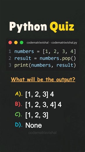 Tell me the answer of this question ❓#Quiz #python #pop #list #codematrixvishal | Codematrixvishal