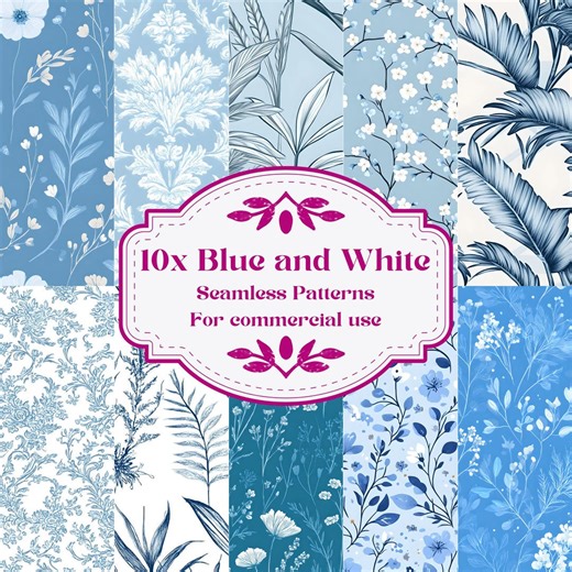 10 Blue and White Floral Botanical Seamless Patterns | Repeating Flower Designs | Digital Download - Etsy