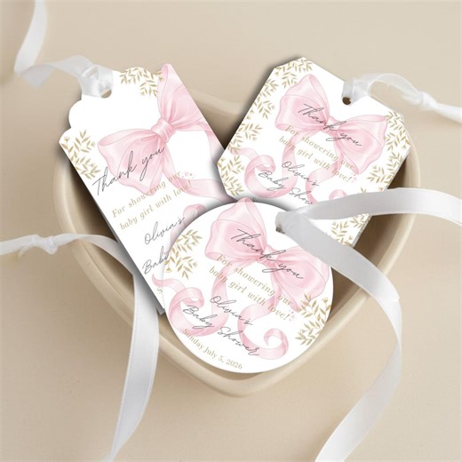 Personalized Pink Bow Baby Shower Favor Tags (digital Download) - Etsy