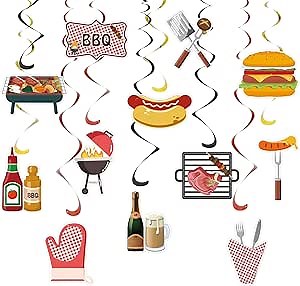 48PCS BBQ Party Decorations BBQ Hanging Swirl Decorations Picnic Ceiling Decorations Barbecue Cutouts for Summer Party Birthday Baby Shower Picnic Supplies