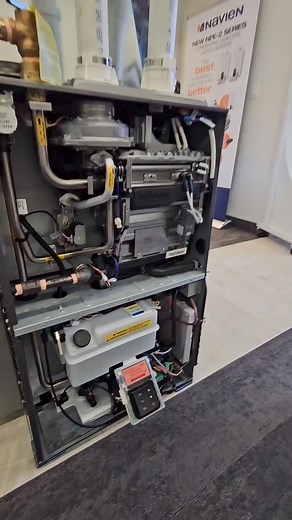 A little more about the Navien, Inc NPF Hydro Furnace... The water is pumped from the resevoir into the gas boiler section, heated and sent through the horizontal coil. The supply temperature is slightly lower, which some will describe as a "softer" heat that will gradually heat a space rather than heat it too quickly. #hvac #hvacr #hydrofurnace #hvacsystem #hydronicfurnace #hvacaf #residentialhvacservice #residentialhvac #hvacinstaller #hvaceducation #HVACKnowledge #hvaclife | HVAC Know It All