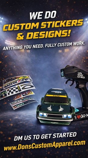 Don's Custom Apparel on Instagram: "Custom RC car stickers done right 🏁🔥 From windshield strips to race numbers — designed, printed, and cut in-house. Got an idea? Big or small… we make it happen. 📩 DM us for custom work — we do it all. #RcCars #RcRacing #RacingStickers"