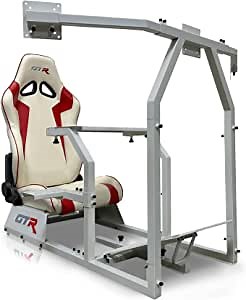 GTR Simulator GTA-F Model Silver Frame Triple | Single Monitor Stand with White Red Adjustable Leatherette Seat Racing Driving Gaming Simulator Cockpit Chair