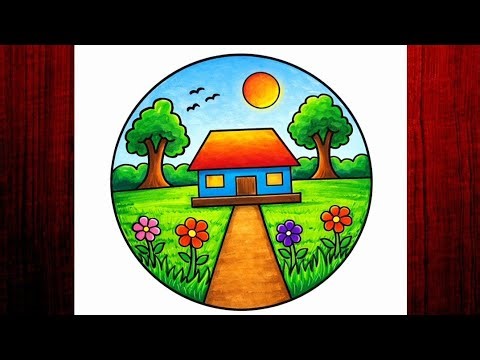 Easy Circle Scenery Drawing Tricks with Colour/Simple Village Scenery Drawing/Circle scenery drawing