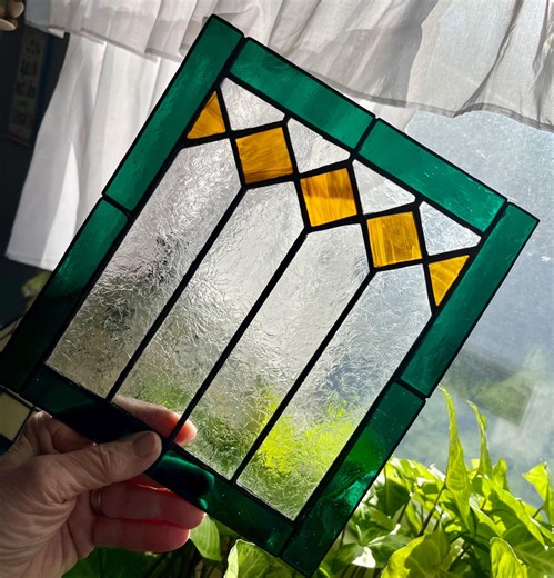 Stained Glass Window Hanging With Amber Diamonds Surrounded by an Aqua Vintage Glass Border. - Etsy