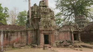 Walking Outside Of An Entrance With Broken Blocks Laying On The Sides, Inside The Temples Of Angkor. 4K.