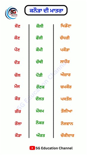 ਕਨੌੜਾ ਦੀ ਮਾਤਰਾ ਵਾਲੇ ਸ਼ਬਦ ਪੰਜਾਬੀ ਵਿੱਚ | Kanoura Di Matra Wale Shabd in Punjabi | SG Education Channel